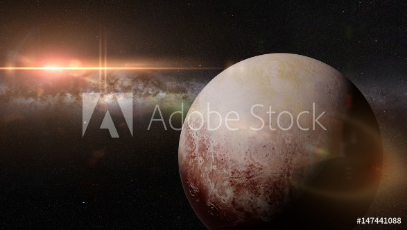 Picture of Dwarf planet Pluto in front of the beautiful bright Milky Way galaxy